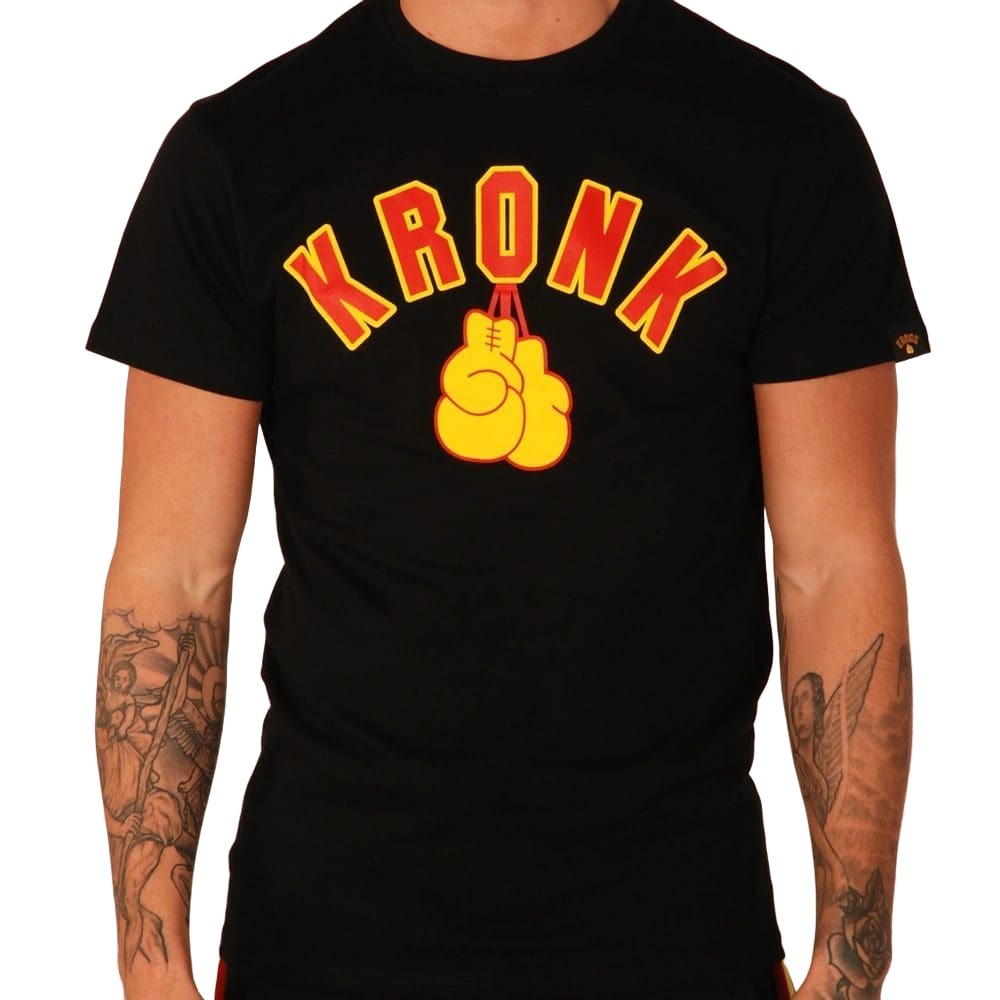 Kronk Gloves T-Shirt in balck with kronk text logo and hanging boxing gloves in red with yellow outline