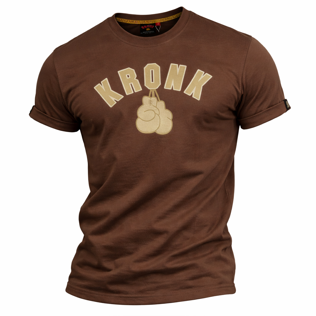 Kronk gloves t-shirt brown with kronk boxing text and hanging boxing gloves