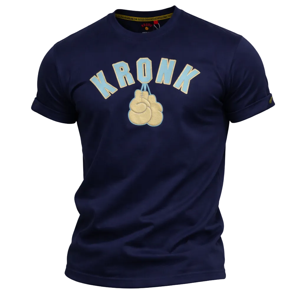 Kronk Gloves T-Shirt Navy Sky Blue with kronk text and hanging boxing gloves