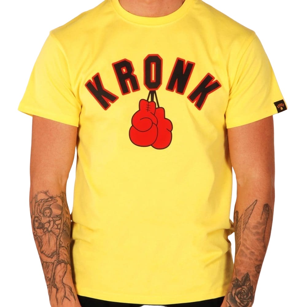 Kronk Gloves T-Shirt in yellow with kronk text logo and hanging boxing gloves in black and red