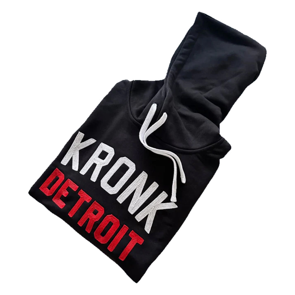 Kronk Iconic Detroit Chain Stitch Hoody Black with white and red Kronk Detroit text