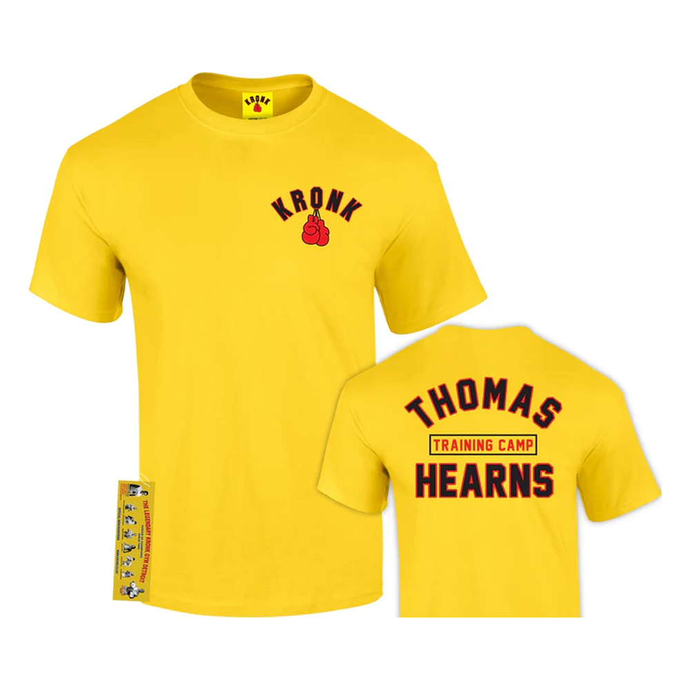 Kronk Thomas Hearns Training Camp T-Shirt Yellow with kronk and Thomas Hearns Print front and back view