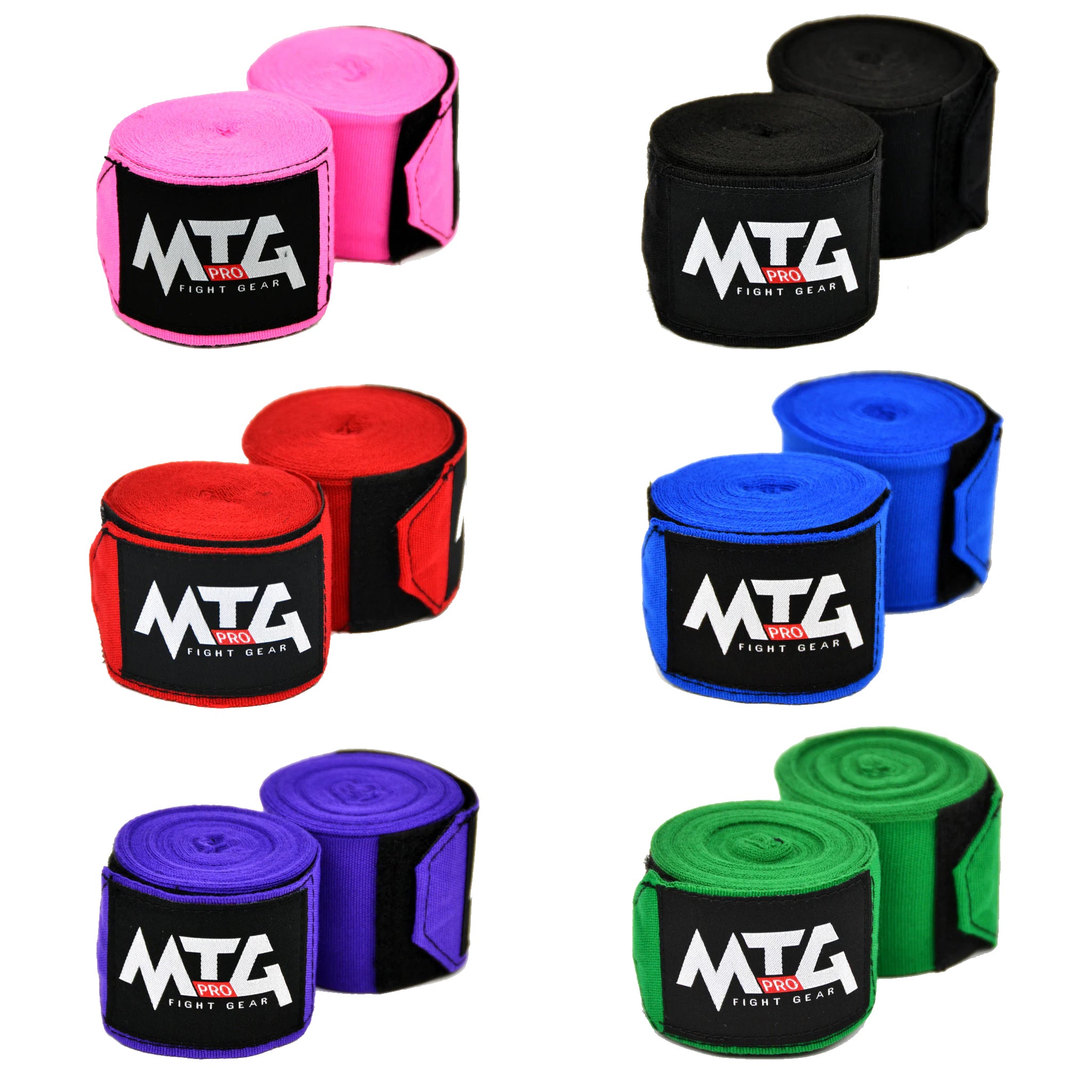 Set of MTG Fight Gear hand wraps in various colors on a white background