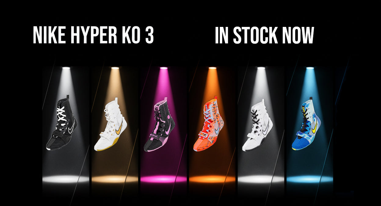 Promotional image of Nike Hyper KO 3 shoes in various colors with 'In Stock Now' text.