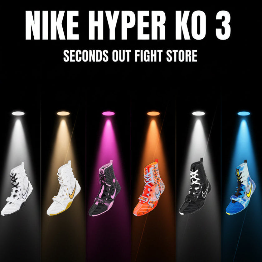 Promotional image of Nike Hyper KO 3 boxing shoes with colorful spotlights on a black background.