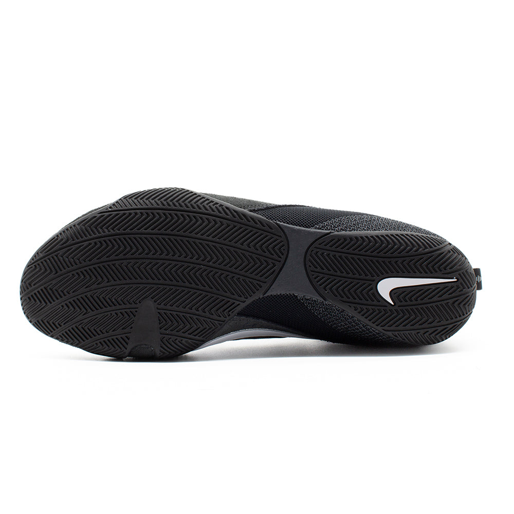 Nike Machomai 3 Boxing Boot Black/White single boot is lying side on showing sole with white Nike swoosh and black sole