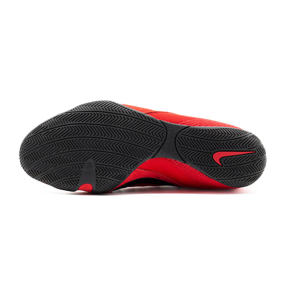 Nike Machomai 3 Boxing Boot Red/Black single boot is lying side on showing sole with white Nike swoosh and black sole