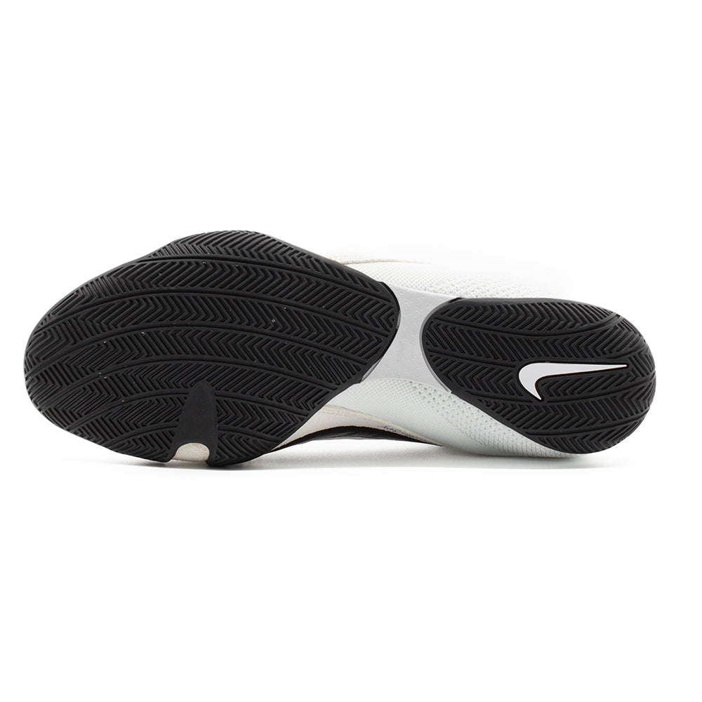 Nike Machomai 3 Boxing Boot White/Black single boot is lying side on showing sole with white Nike swoosh and black sole