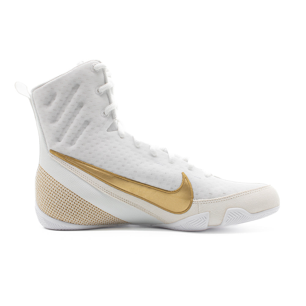 Nike Machomai 3 Boxing Boots White/Gold side view of single boot