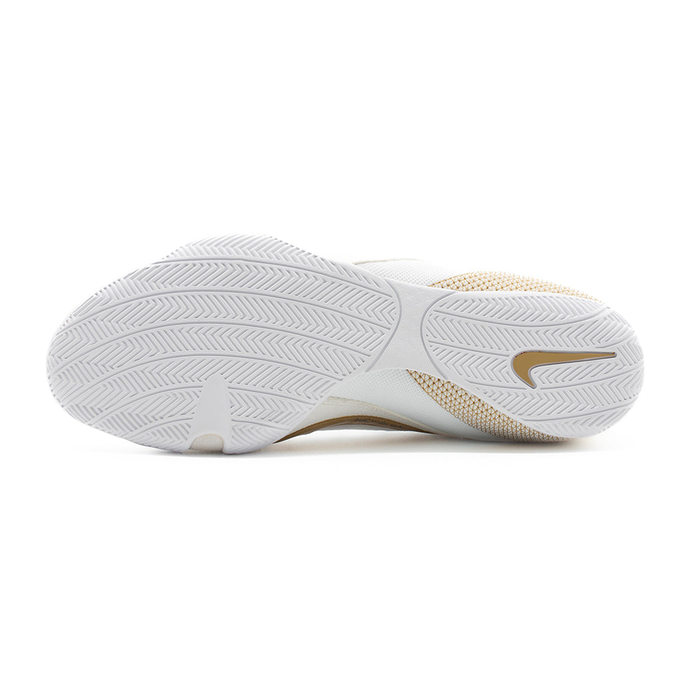 Nike Machomai 3 Boxing Boot White/Gold single boot is lying side on showing sole with gold Nike swoosh and white sole