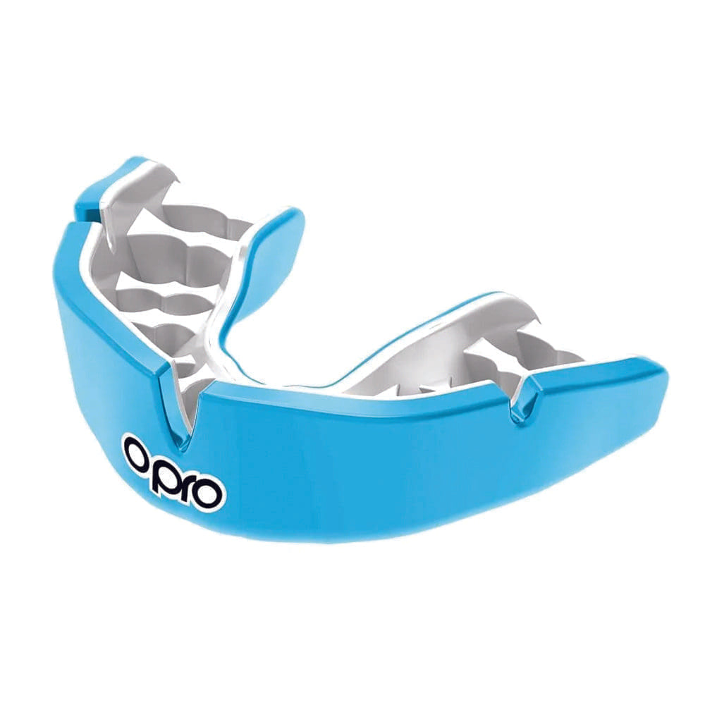Opro Custom Fit Mouth Guard Sky Blue with black Opro logo text