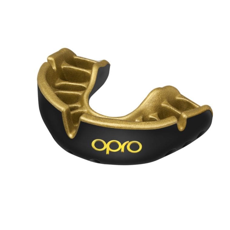 Opro Gold Mouthguard black with gold and gold Opro logo