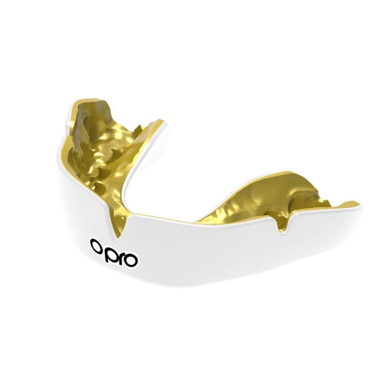 Opro custom fit mouth guard white with gold and black Opro logo text