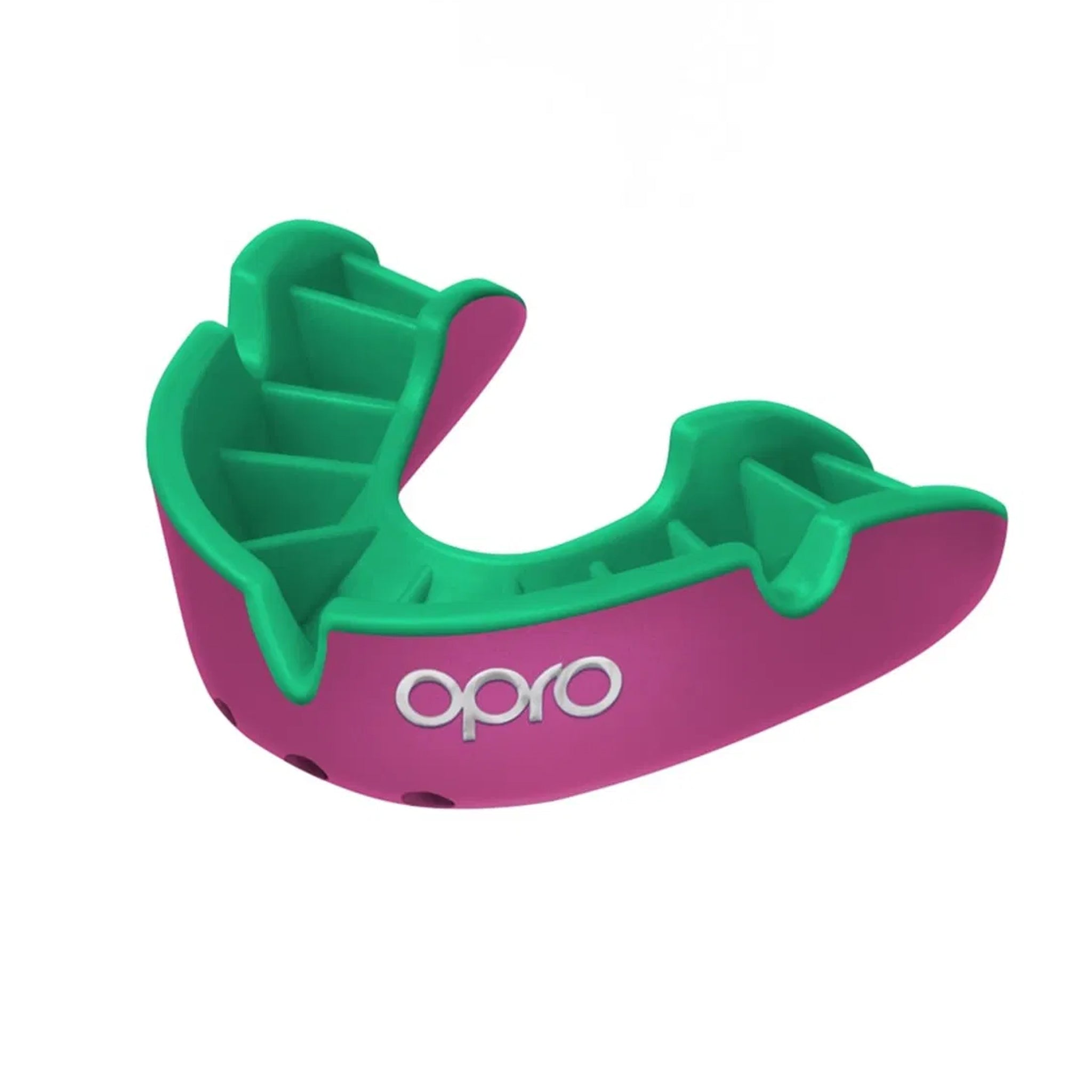 Opro Silver Mouth Guard Pink with grene inside and sivler Opro logo