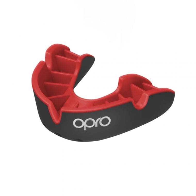 Opro Silver Mouth Guard in black and red colour with white Opro text