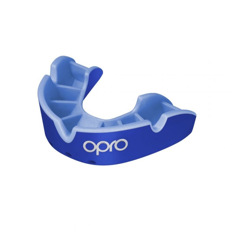 Opro Silver Mouth Guard in blue and light blue colour with white Opro text