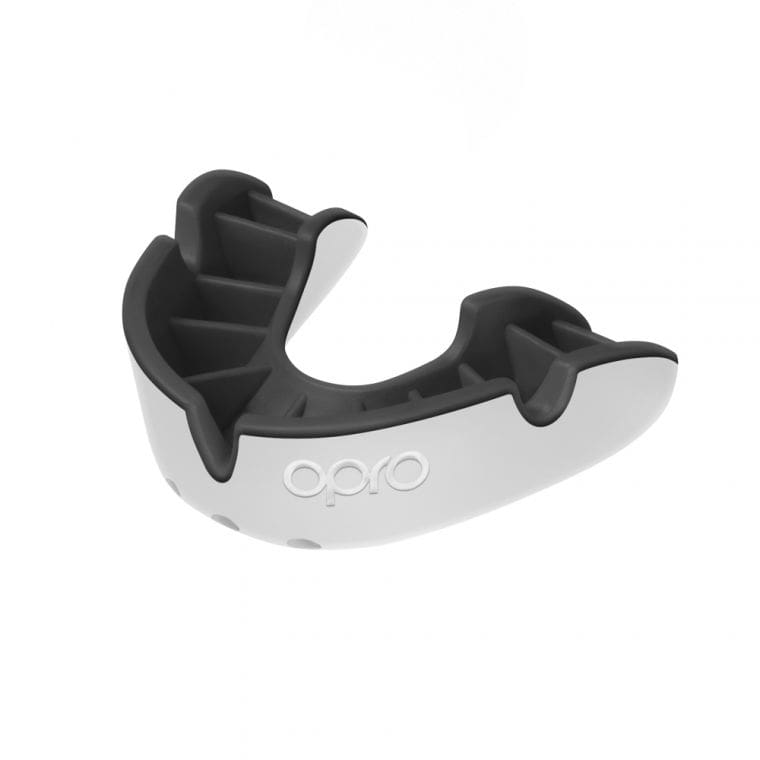 Opro Silver Mouth Guard in white and black colour with white Opro text