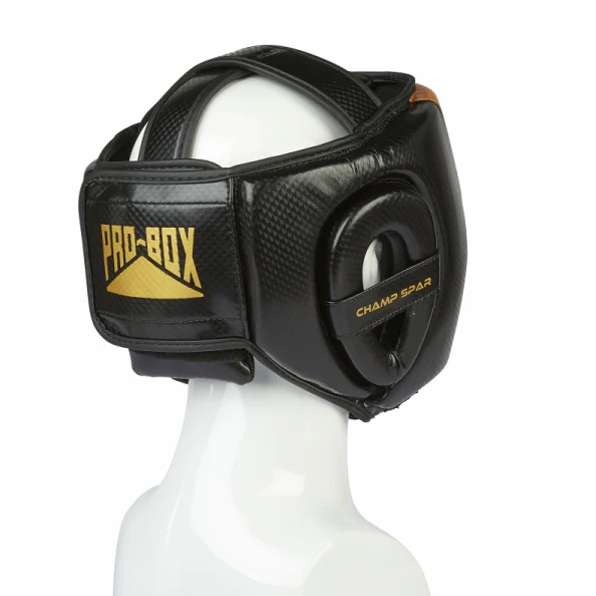 Pro-Box Champ Spar Head Guard black gold from rear showing velcro strap with pro-box logo