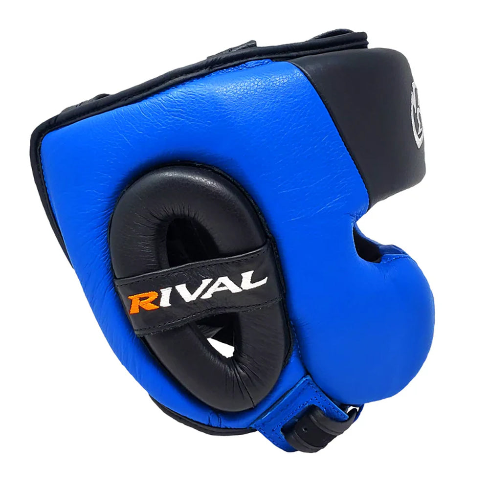 Rival RHG30 Mexican Headgear Blue side view with black ear protection and Rival logo