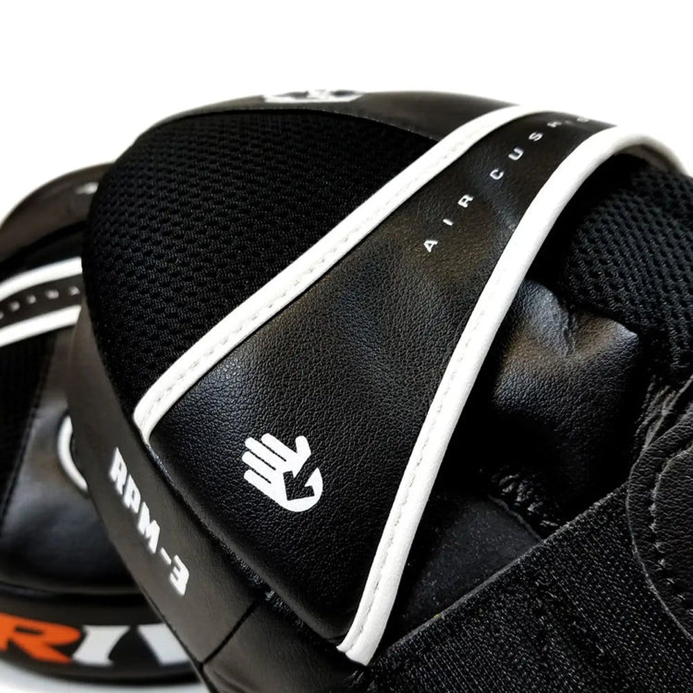 Rival RPM3 Air Punch Mitts 2.0 Boxing Pads Black with orange and white Rival logo