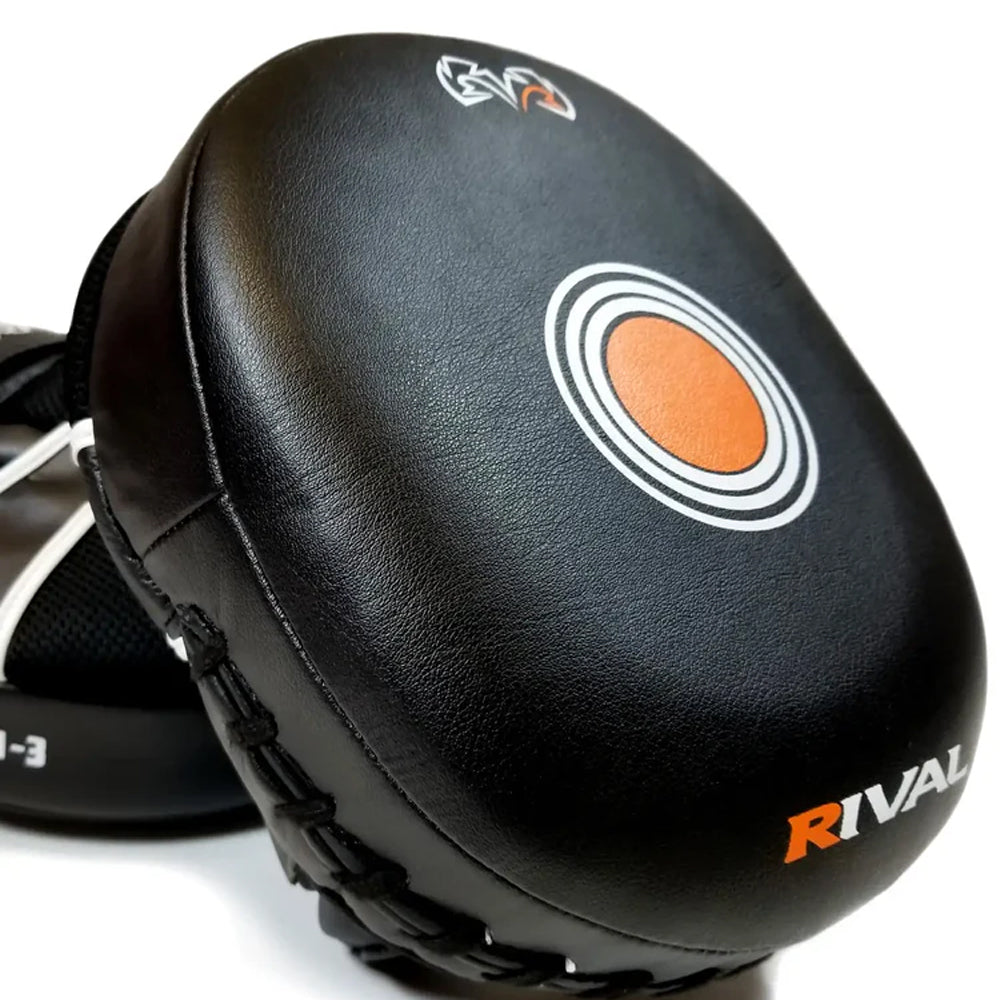 Rival RPM3 Air Punch Mitts 2.0 Boxing Pads Black with orange and white Rival logo