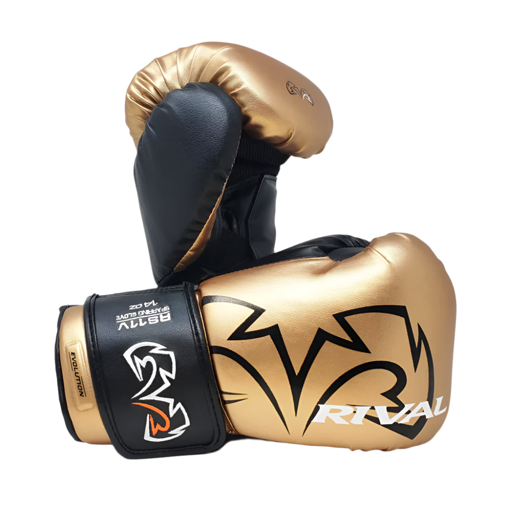 Rival RS11v Sparring Gloves Gold with white and black Rival boxing logo, black wrist strap, gloves are positioned one sitting side on at the front and the other standing verticle behind