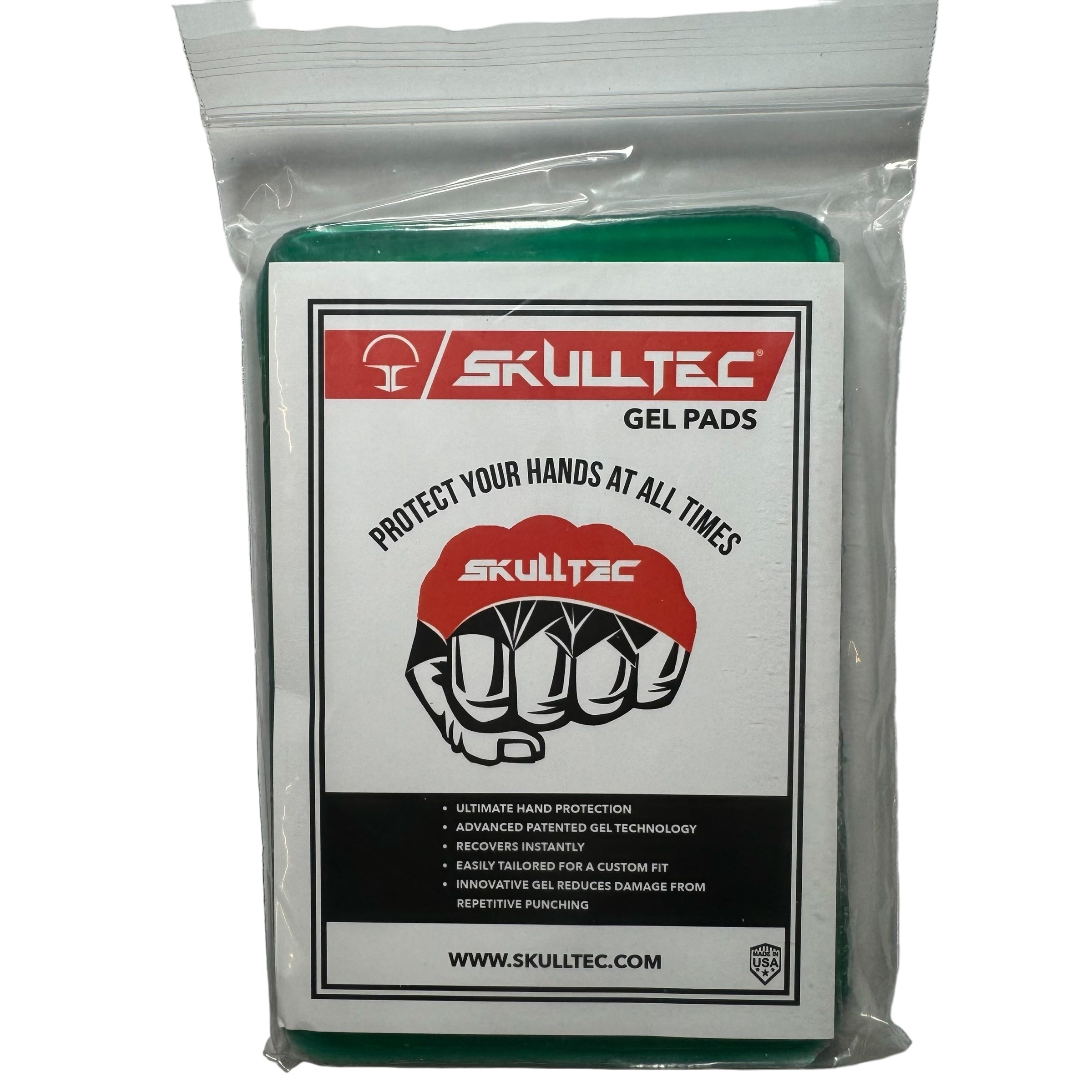 skulltec gel knuckle pads green in clear plastic packaging and white skulltec card with logo