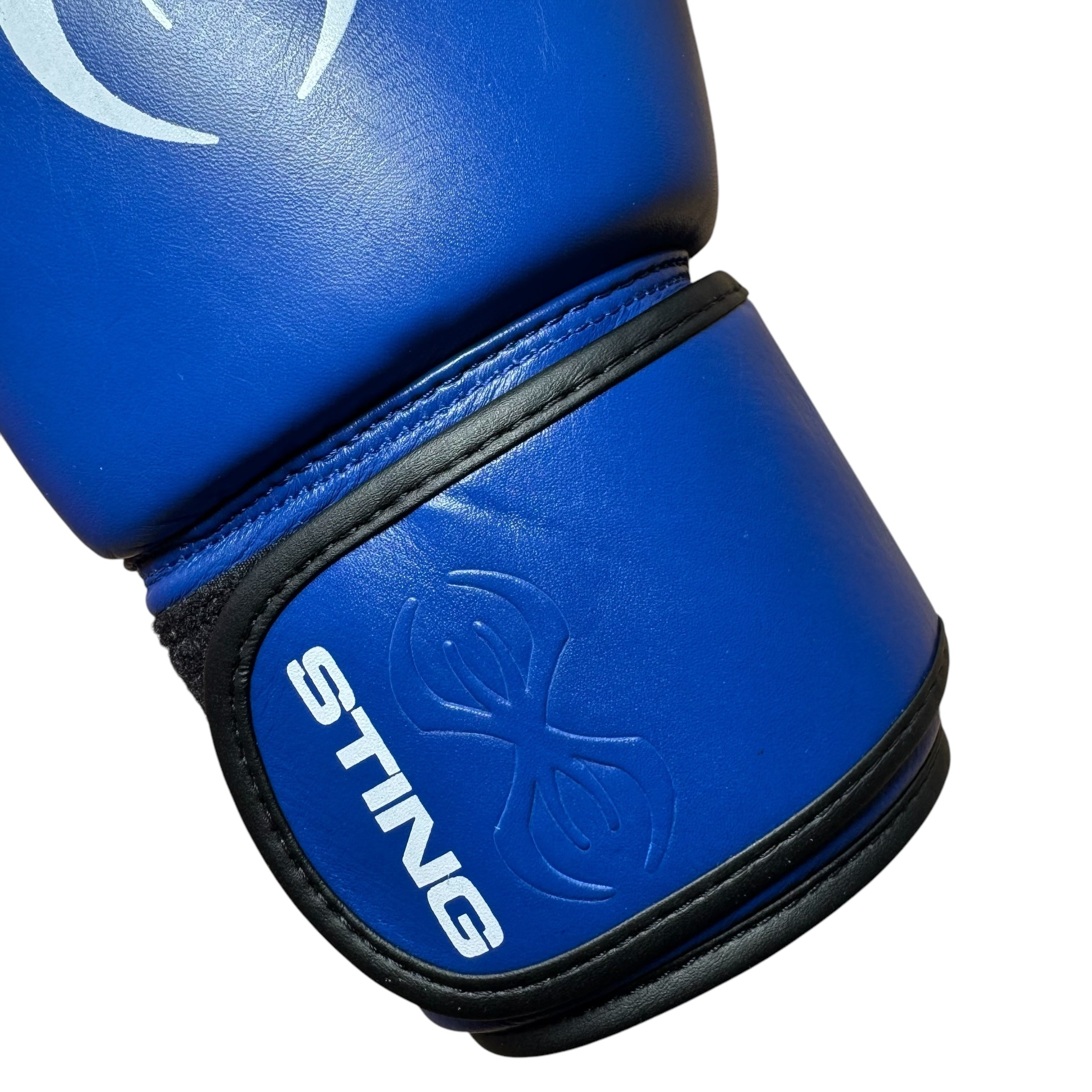 Sting Competition Approved Boxing Gloves blue wrist strap with Sting text in white