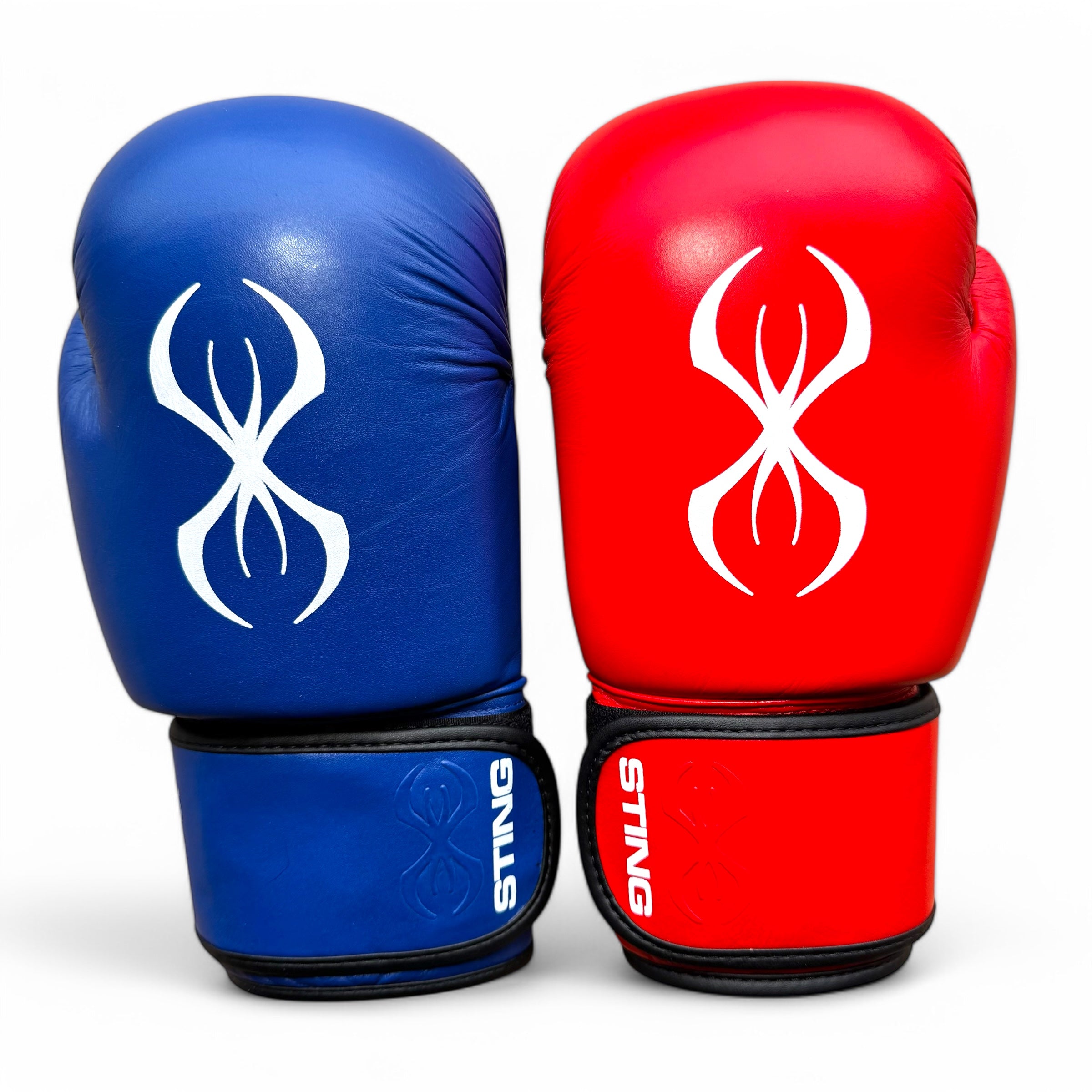 Sting Competition Approved Boxing Gloves blue glove on left and red glove on right