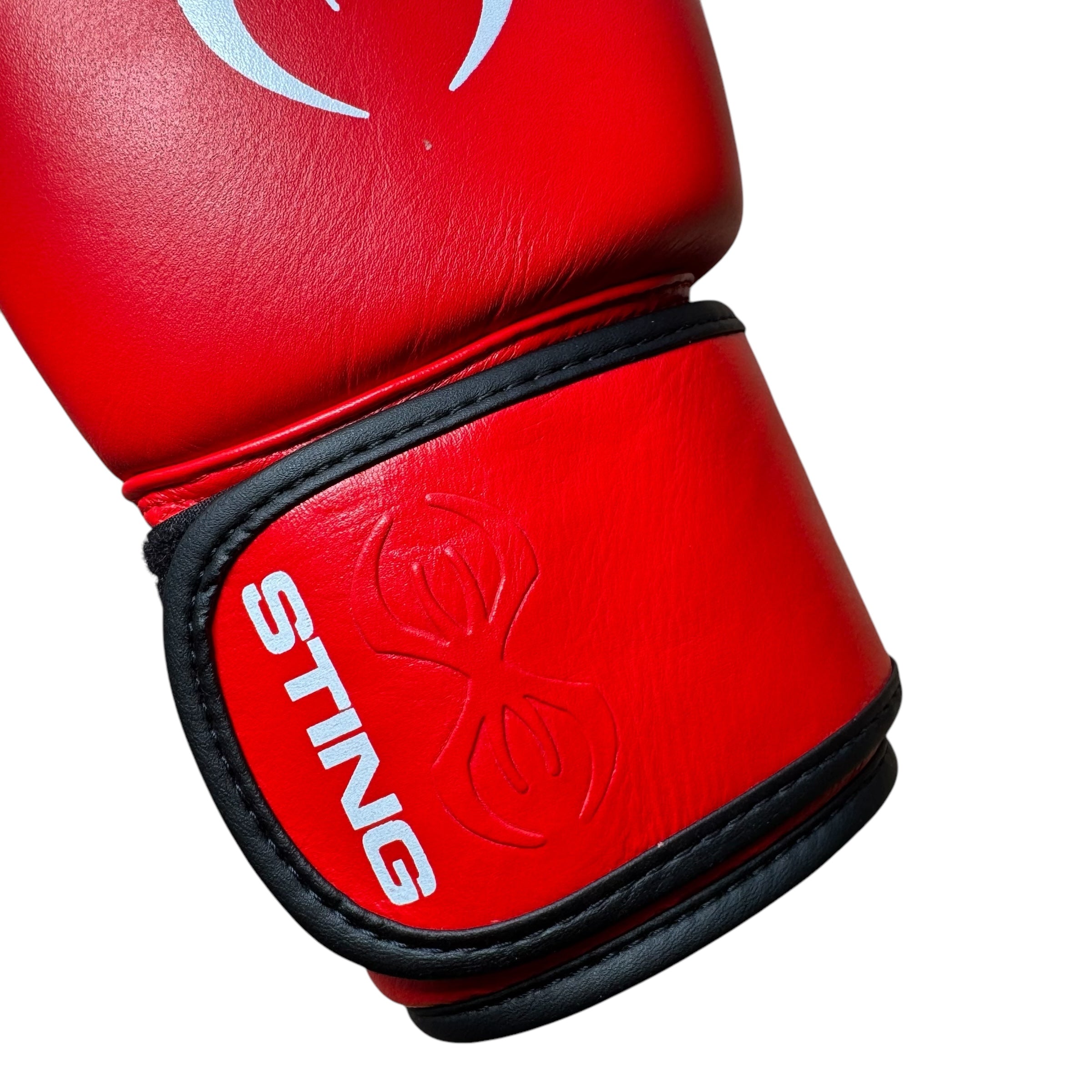 Sting Competition Approved Boxing Gloves red wrist strap with white Sting text and logo embossed