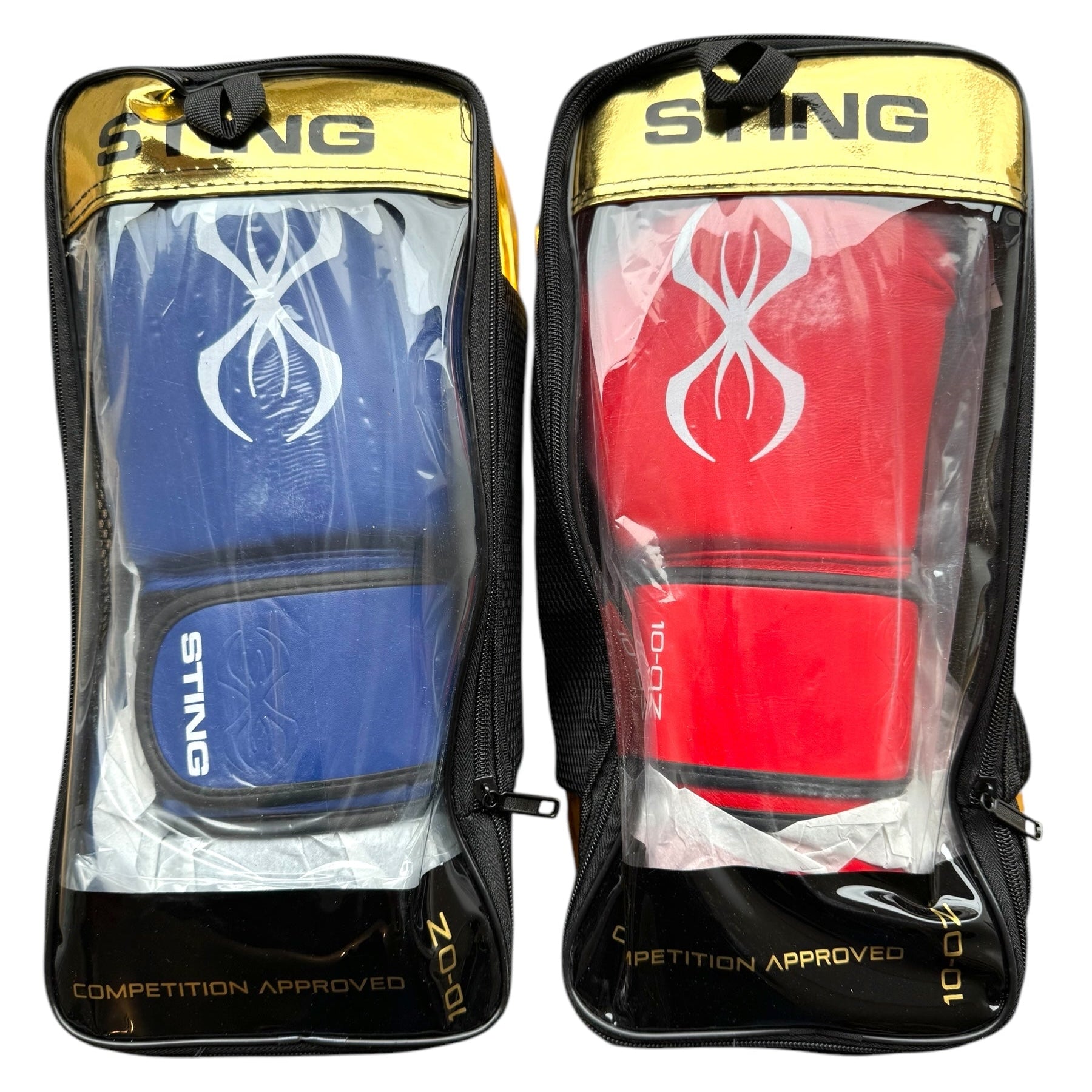 Sting Competition Approved Boxing Gloves in packaging blue glove on left and red glove on right