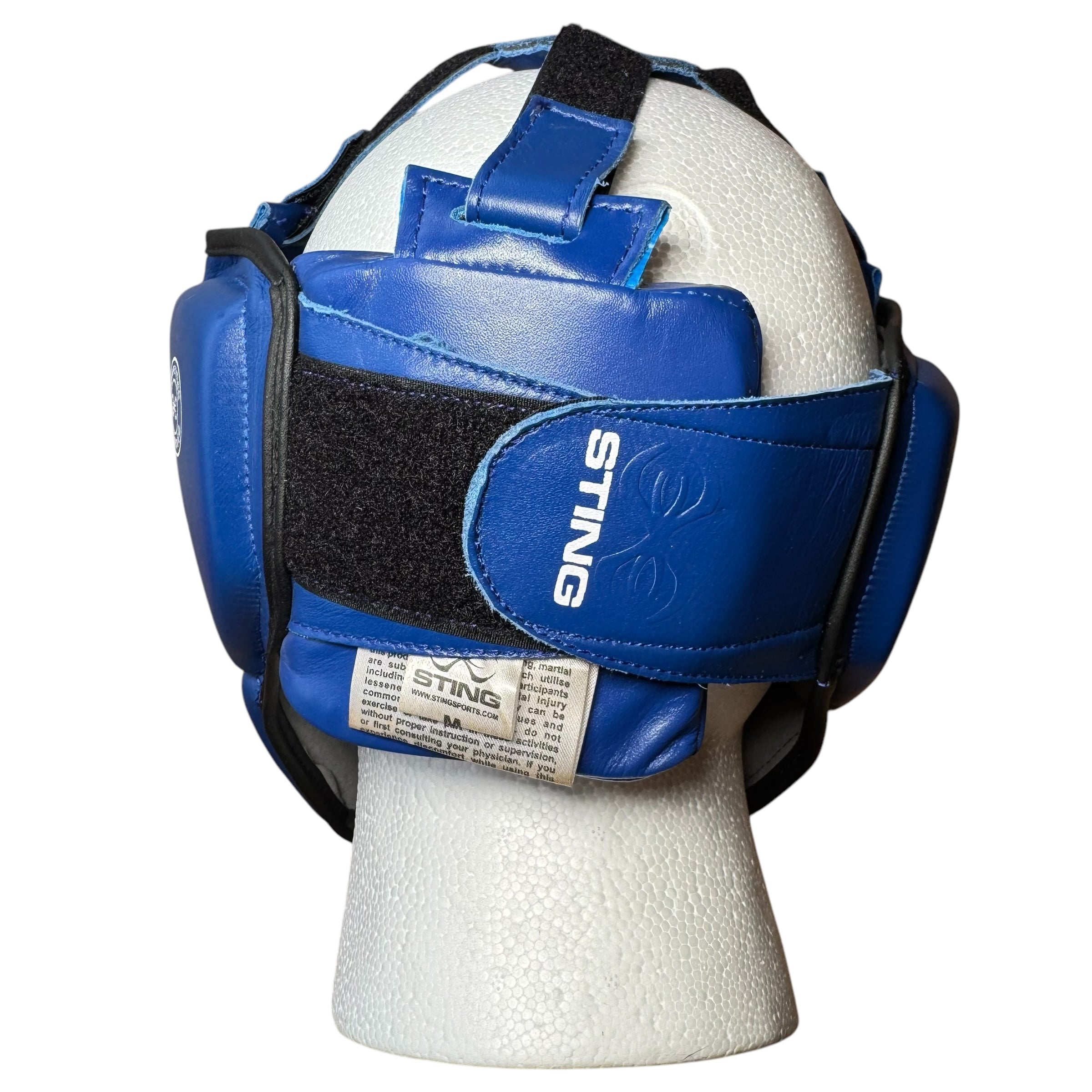 Sting competition Approved Head Guard back view of velcro strap with white Sting text and logo