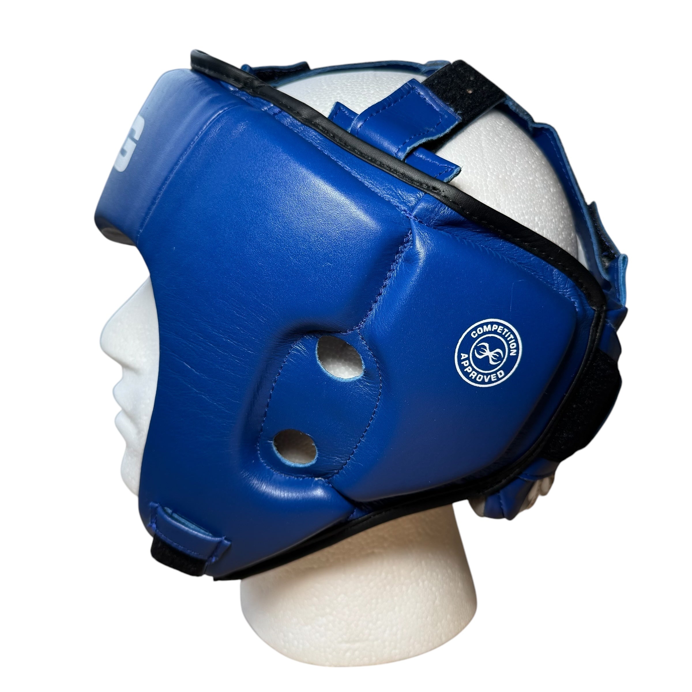 Sting competition Approved Head Guard blue side view with Competition Approved logo