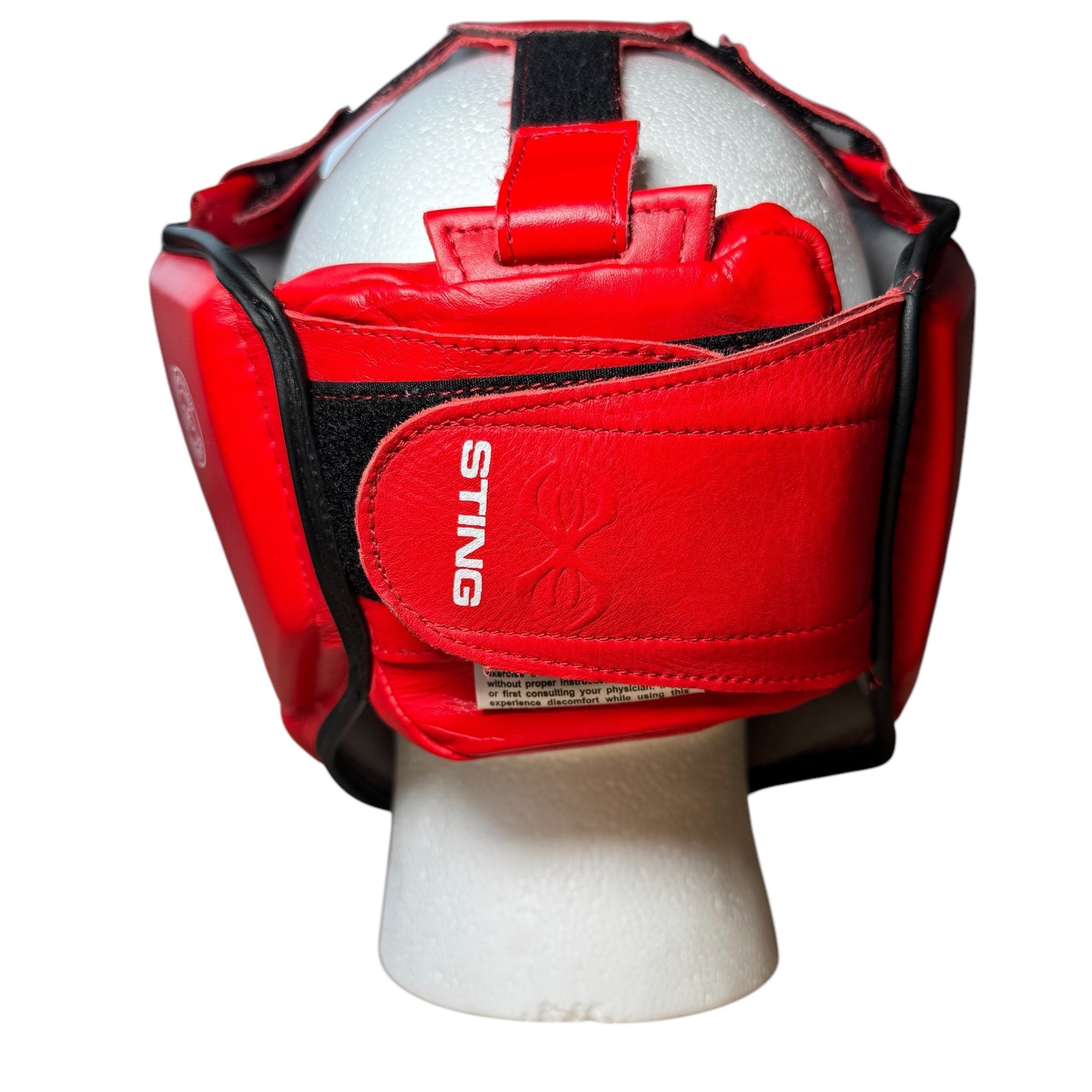 Sting competition Approved Head Guard back view with velcro strap and white Sting text