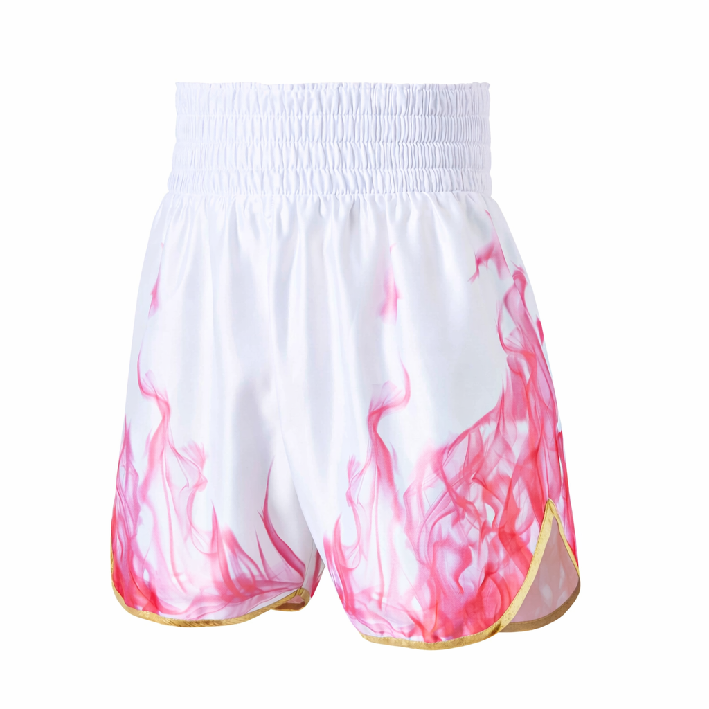 Suzi Wong Smoke Boxing Shorts White with pink flames and gold trim